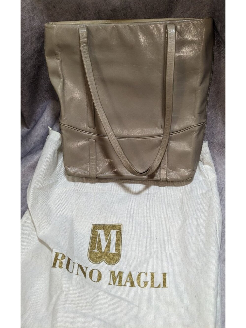 Bruno Magli Leather Tote Bag With Dust Bag Two-Tone Beige & Taupe